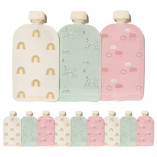 Hippypotamus Reusable Baby Food Pouches - 12 Pack - Baby Food Storage - Pouches Toddler - Refillable Squeeze Pouch for Kids (Rainbow/Mountain/Cloud)
