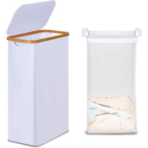 Laundry Basket with Lid, Narrow Laundry Hamper with Removable Bag, Skinny Dirty Clothes Basket with Bamboo Handles