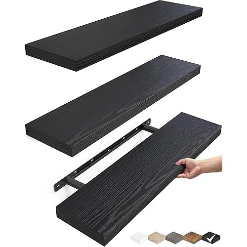 BAYKA Floating Shelves for Wall, 22.5 inches Wall Mounted Rustic Wood Shelves for Bathroom, Bedroom, Living Room, Floating Shelves for Books/Storage/Decor (Black,Set of 3)