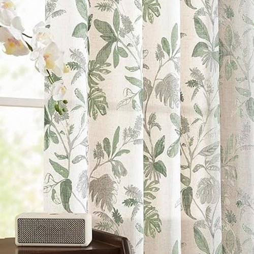jinchan Linen Curtains for Living Room 96 Inches Length Tropical Leaf Print Botanical Flax Farmhouse Country Curtains Rod Pocket Light Filtering Window Treatment Drapes Set 2 Panels Green