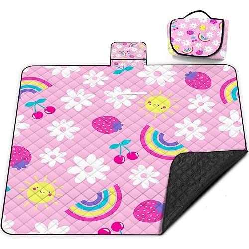 Extra Large Picnic Blanket Waterproof,80"x 80"Foldable Machine Washable Beach Blanket,Outdoor Blanket for 6-8 Adults,Suitable for Indoor Crawling,Park Beach,Camping,Hiking,Family Travel(Cute Pink)