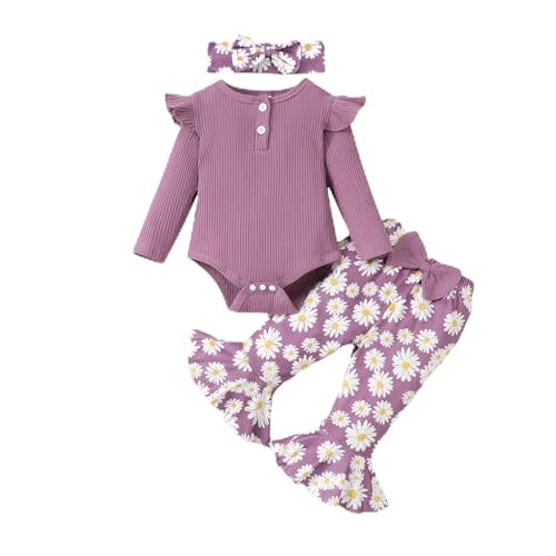 Kislio Newborn Baby Girls Clothes Ribbed Ruffled Romper+Floral Pants+Headband Infant Outfit Set