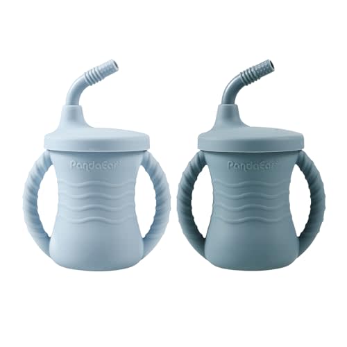 PandaEar Silicone Training Cup, 2 Pack Baby Drinking Sippy Cups with Handles & Straw for Baby and Toddler 6 Months+ (Dark Blue/Light Blue)