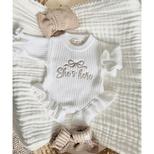 White Organic Cotton Knit Ruffle Romper | She’s Here Bundle Taupe