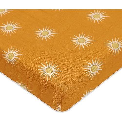 Babyletto 100% Organic Cotton Mini Crib Sheet, GOTS-Certified, Fitted 360°, Ultra-Soft and Breathable Muslin - Golden Hour