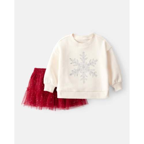 Baby Girl 2-Piece DayDream Fleece Snowflake Print Long-Sleeve Top & Skirt Set - Red/Cream - Carter's | Carter's