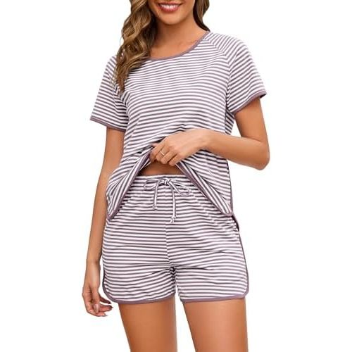 Cotton Pajama Sets for Women 2 Piece Lounge Set Stripe Pj Set Loungewear Short Sleeve Top and Shorts with Pockets