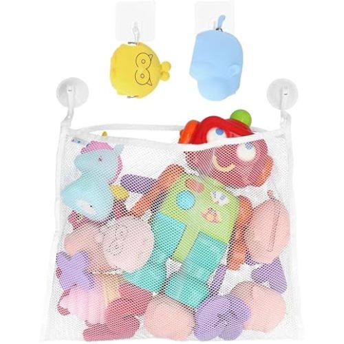 Bath Toy Organizer Includes Suction Cup Hooks and Adhesive Hooks and Tub Toy Mesh Bag White