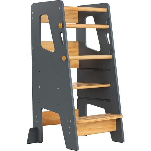 Toddler Standing Tower - Adjustable Height Toddler Kitchen Stool Helper - Ideal Kids Kitchen Step Stool for Learning New Skills - Updated Design with Safety Feet - Gray