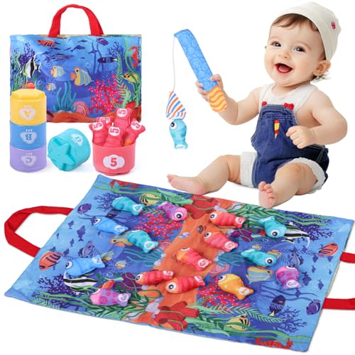 Montessori Toys for 1 Year Old, 22 Pcs Cloth Fishing Game for Baby 6-12 Months with Stacking Cups, Number Counting, Color Sorting, Shape Learning, Maze Toddler Toy Baby Boy Girl Birthday Gifts for 1-3