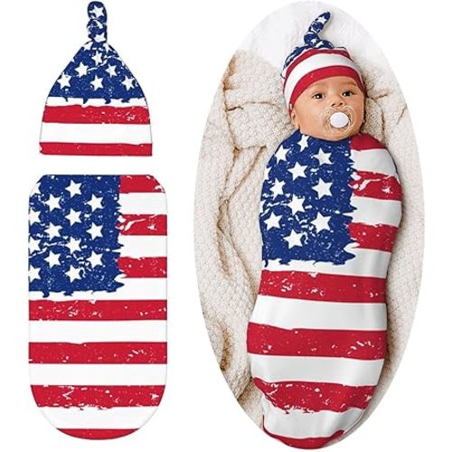 American Flag Baby Stuff Swaddle Blanket Soft and Stretchy Newborn Swaddle Blankets Sack Receiving Blanket with Beanie Hat Gift for Girls and Boys Infant