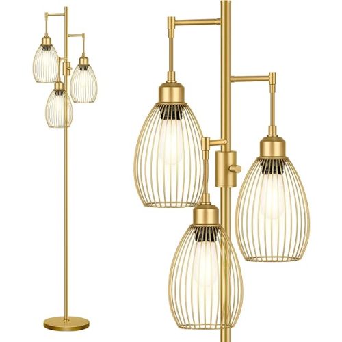 Dimmable Floor Lamp, 3 x 800LM LED Edison Bulbs Included, Farmhouse Industrial Floor Lamp Standing Tree Lamp with Elegant Teardrop Cage Head Tall Lamp for Living Room Bedroom Office Dining Room - Gold