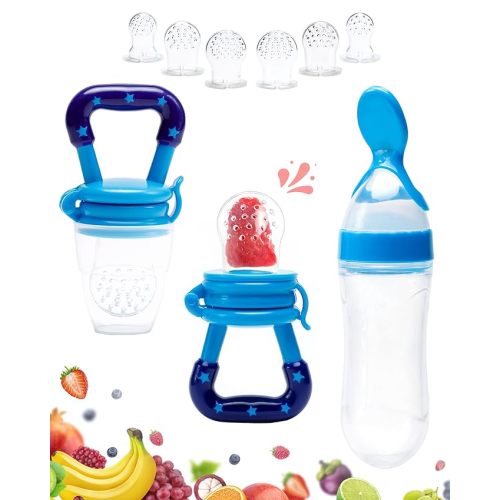 Gedebey Baby Food Feeder Pacifier - 3 Pack | 2 Frozen Fruit Teethers for Babies & 1 Baby Food Dispensing Spoon | Baby Silicone Feeder Pacifier | Teething Feeder | Feeding Pacifier for Babies (Blue)