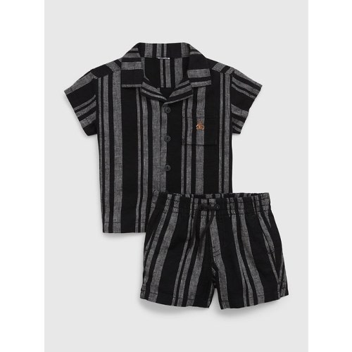 Baby Linen-Cotton Stripe Outfit Set in black, size: 6-12 M