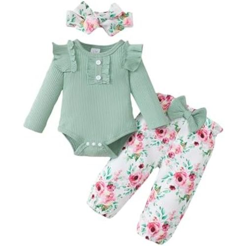 SUNNY PIGGY Baby Girl Clothes Infant Newborn Outfits Ruffle Short Sleeve Romper Tops Floral Pants Set With Headband