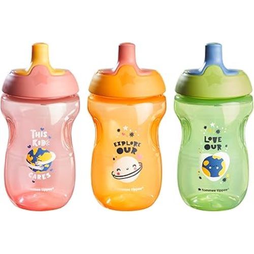 Tommee Tippee Sportee Water Bottle for Toddlers, 12 months+, 10oz, Spill-Proof Sippy Cup, Easy to Hold, Bite Resistant Spout, Pack of 3, Pink, Green and Orange