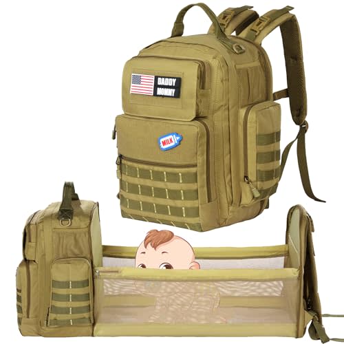 MABOZOO Diaper Bag Backpack for Dad with Changing Station, Expandable Brown Military Diaper Bag Backpack with Waterproof Changing Pad,Large Tactical Mens Baby Bag,Unisex Molle Style Baby Backpack Bag