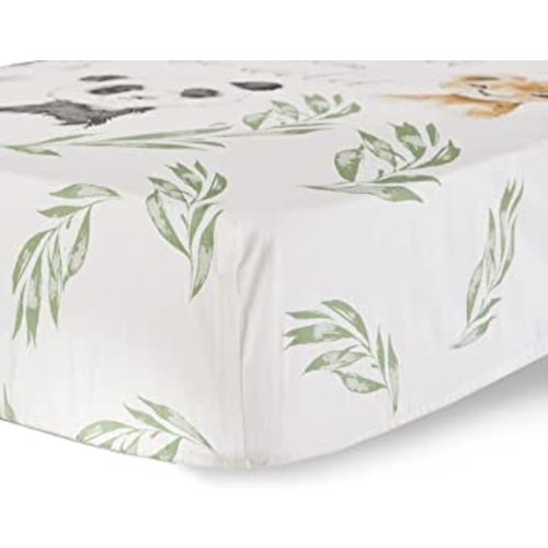 Levtex Baby - Mozambique Crib Fitted Sheet - Fits Standard Crib and Toddler Mattress - Jungle Babies - Grey, Charcoal, Taupe, Green, Cream - Nursery Accessories - 100% Cotton