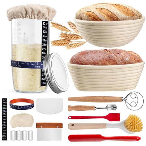 Sourdough Bread Baking Supplies, Sourdough Starter Kit, Sourdough Starter Jar, 2 Bread Proofing Baskets with Full Set of Bread Making Kit, Bread Baking Gifts Sourdough Supplies Bread Making Tool