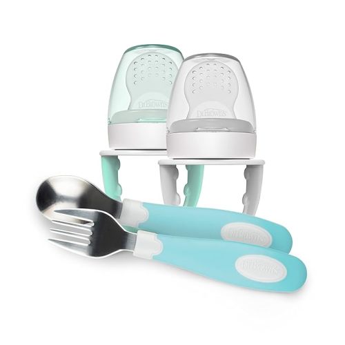 Dr. Brown's Designed to Nourish, Fresh Firsts Silicone Feeder, Mint and Grey, 2-Pack with Soft-Grip Spoon and Fork Set, Teal - Mint, Grey, & Teal