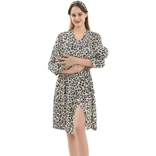 Galabloomer Maternity Robe and Baby Receiving Blanket, Matching Mommy Labor Delivery Robe and Swaddle Set Leopard