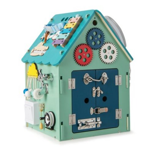 Costway Wooden Busy House Montessori Toy with Sensory Games & Interior Storage Space Blue
