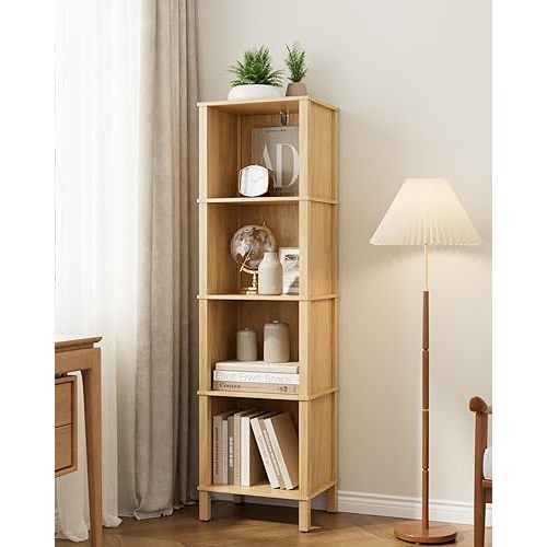 Book Shelf, Modern 4-Tier Bookcase, Open Storage Bookshelf, 11 × 14.2 × 50.4 Inches, Small Narrow Bookshelves for Living Room, Home Office, Bedroom, Natural