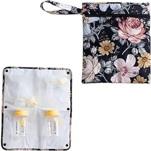 Wet Dry Bag for Breast Pump Parts, Breast Pump Bag with Floral Pattern, Waterproof Bag for Breast Pump Storage, Reusable Baby Bag Size 13" by 11", Wet Bag For Pump Parts, Travel, Diapers, Baby Items