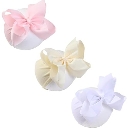 6 Inch Baby Girls Headband Bows, Soft Nylon Hairbands Cute Big Bow Super Elastic Headband for Baby Girls Newborn Infant Toddlers (Beige Pink White, Large)