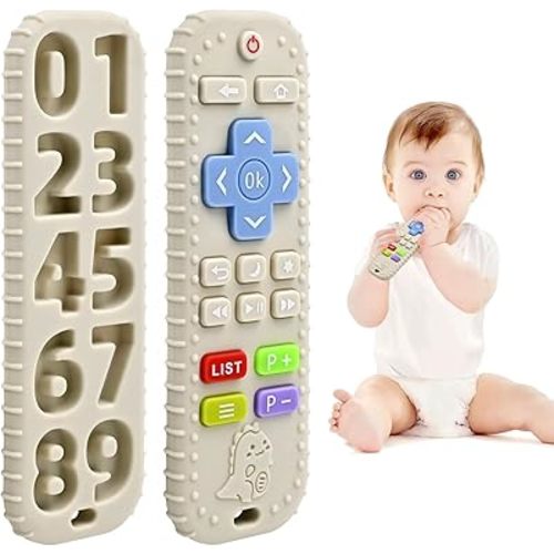 Teething Relief Teethers Toys for Babies 3-6 12 Months Gifts, Silicone Remote Control Baby Teether Toys for 3 6 9 Months Newborn Infant Boy Girl Autism, Food Grade Silicone Sensory Toys, Beige