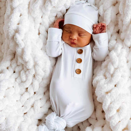 Solid White Bamboo Baby Knot Gown & Hat, NB