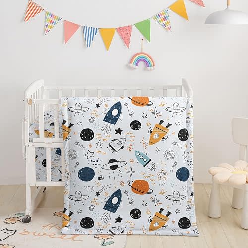 Crib Bedding Set,3pcs Nursery Cartoon Space Planet Printed Crib Bedding Set,with Comforter Sheet & Skirt for Baby Boys and Girls(Planet)
