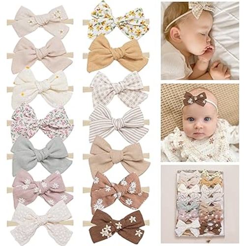 Fancy Clouds Baby Girl Bows and Headbands,14 pcs Stretchy Soft Nylon Hairbands Hair Bows for Newborns, Infants, Toddlers - Handmade Baby Hair Accessories for Girls Gifts