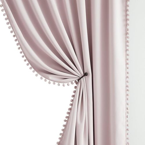 Pom-pom Pink Blackout Curtains for Bedroom 63inch Length Energy Efficient 100% Full Blackout Window Panels for Baby Girls Nursery Living Room Adorable Rod Pocket Drapes 2pcs 52"w Rod Pocket