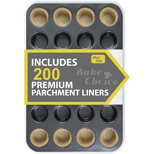 Bake Choice Mini Muffin Pan includes 200 Natural Cupcake Liners, Mini Cupcake Pans Nonstick 24 Cup, Muffin Tin, Carbon Steel Baking Supplies