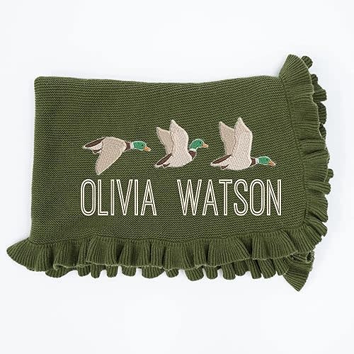 Personalized Mallard Duck Baby Blanket – Custom Ruffled Knit Embroidered Blanket, Soft 100% Cotton Knit, 30x40in for Girls and Boys Newborns, Toddlers or Gifts