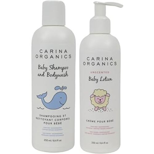 Carina Organics Baby Shampoo and Body Wash and Unscented Baby Lotion Bundle, Tear Free, Paraben Free, Toxin Free, Vegan, Certified Organic Ingredients - 250ml (Pack of 2)