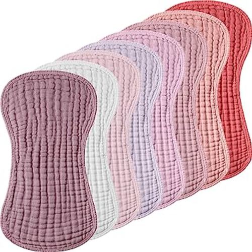 Frienda 8 Pieces Muslin Burp Cloths for Baby Cotton Burp Cloth 10 x 20 Inches Multi Colors Muslin Washcloths Diapers 4 Absorbent Layers Newborn Face Towels for Baby Boy Girl Unisex (Pink Purple Color)