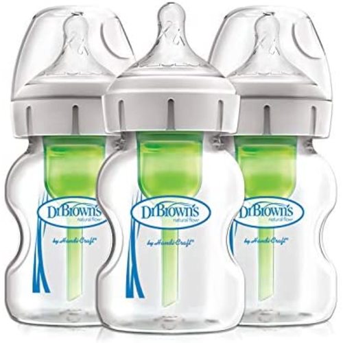 Dr. Brown’s Natural Flow® Anti-Colic Options+™ Wide-Neck Glass Baby Bottles 5 oz/150 mL, with Level 1 Slow Flow Nipple, 3 Pack, 0m+