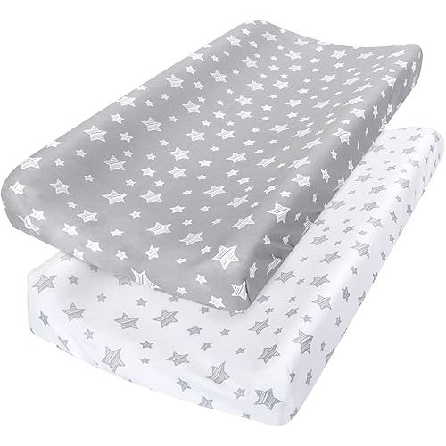 Changing Pad Cover for Boys Girls 2 Pack, Lovely Print Soft Unisex Diaper Change Table Sheets, Fit 32"x16" Contoured Pad, Comfy Cozy 2-Pack Cradle Sheets, Grey & White