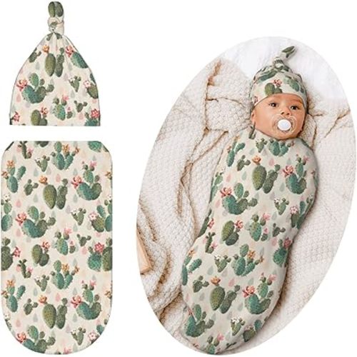 Swaddle Blanket for Baby, Swaddling Sleeping Sacks, Unisex Baby Stuff with Hat, Cactus