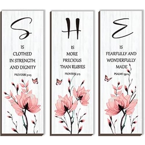 DONFENTHY 3 Pieces Inspirational Pink Floral Wall Decor Wooden Hanging Wall Art Christian Quotes SHE Word Sign Gift for Girl Teen Women Bedroom Bathroom Living Room Nursery Office (Pink 12x4 Inch)
