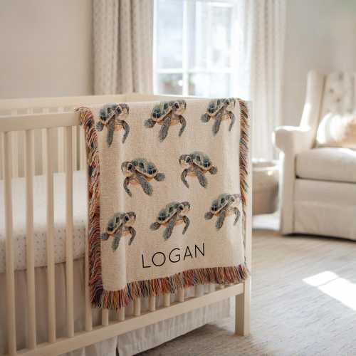 Personalized Sea Turtle Baby Blanket, Custom Name Ocean Animal Throw, Baby Shower Gift for Boys or Girls, Underwater Nursery Decor