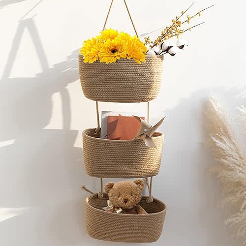 TeoKJ Over the Door Hanging Basket, 3-Tier Woven Cotton Wall-Mounted Storage Organizer Bag Decorative Hanging Nursery Baskets - Jute
