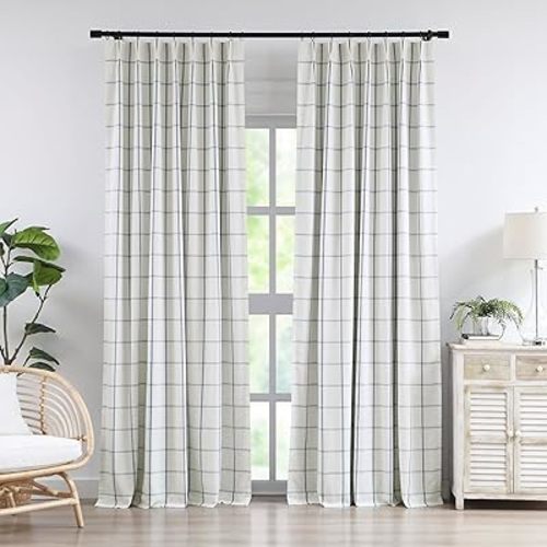 Vision Home Blue Plaid Linen Pinch Pleated Full Blackout Curtains Checkered Thermal Insulated Window Panels 90 inch for Bedroom Living Room Darkening Rustic Pinch Pleat Drapes with Hooks 40" Wx90 Lx2