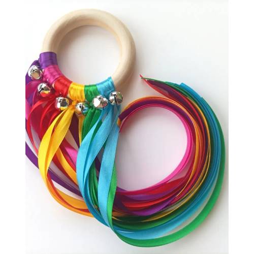 JUMBO Montessori Style Rainbow Ribbon y Bell Ring / Musical Sensory Ring / Waldorf Style Sensory Play Hand Kite / Customise the Colours