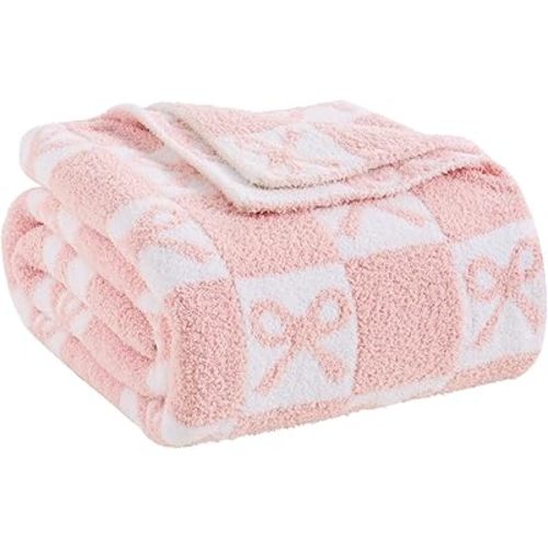 YIRUIO Checkered Knit Throw Blanket Pink with Bow Pattern 50x60 Inches Soft Microfiber Lightweight and Warm Cozy Reversible for Bed Sofa Couch Home Decor Gift (Pink, Throw)