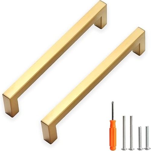 Cabinet Pulls Gold Cabinet Handles Square Drawer Pulls, 10 Pack 6-1/4 Inch Stainless Steel Kitchen Door Cupboard Cabinet Handles, Drawer Hardware Handles, 160mm Hole Centers