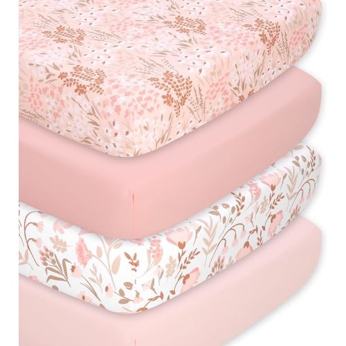 The Peanutshell Baby Girl Crib Sheets, Fitted Baby Sheets for Girls, Fits Standard Size Crib Mattress, 52x28, Vintage Floral Nursery Decor, 4 Pack in Pink, White, Beige