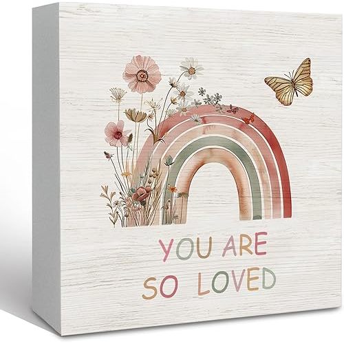 Boho Rainbow Sign for Kids Room, Nursery, Girls Room - You Are so Loved Inspirational Shelf Desk Decor 5x5 Inch